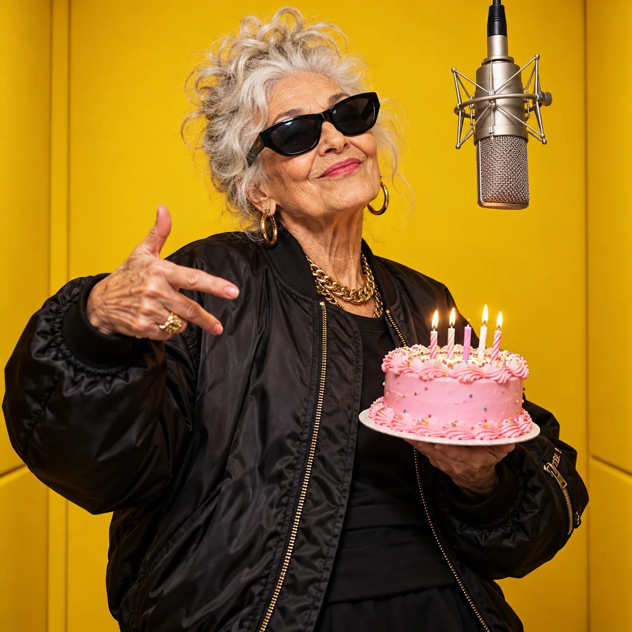 Fictional grandmother with a birthday cake at a recording microphone