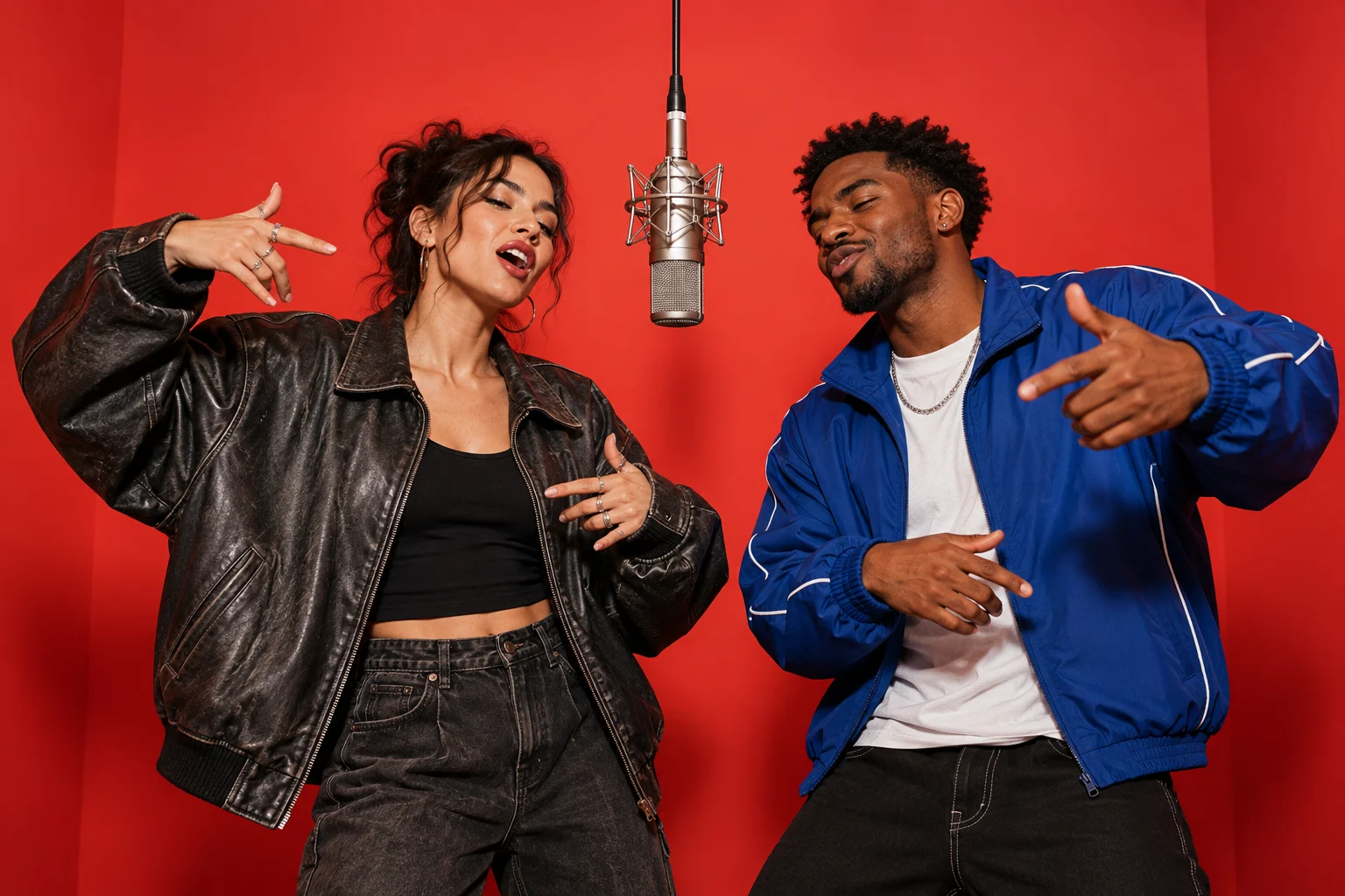 Two fictional friends trading a verse at a hanging microphone in a red studio