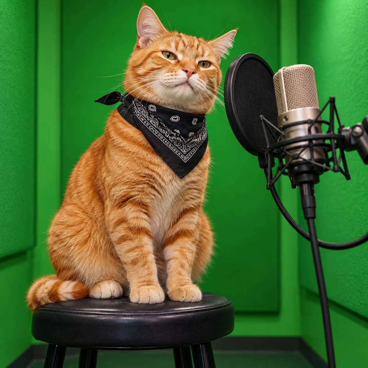 Orange tabby cat in a green recording booth beside a microphone