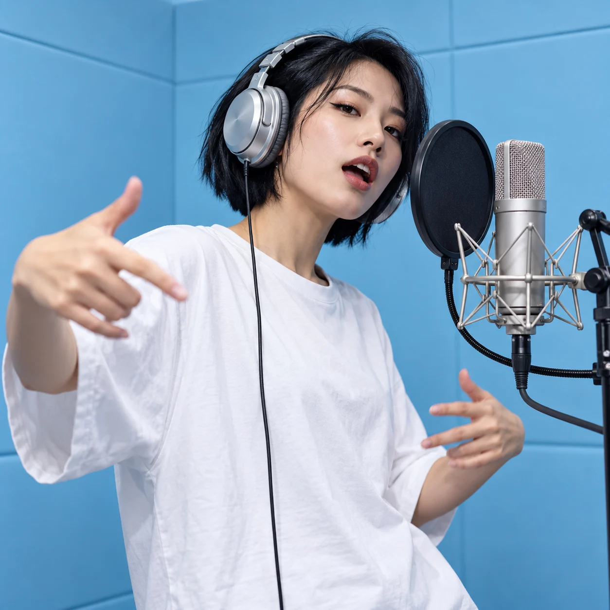 Fictional woman recording a solo rap with silver headphones